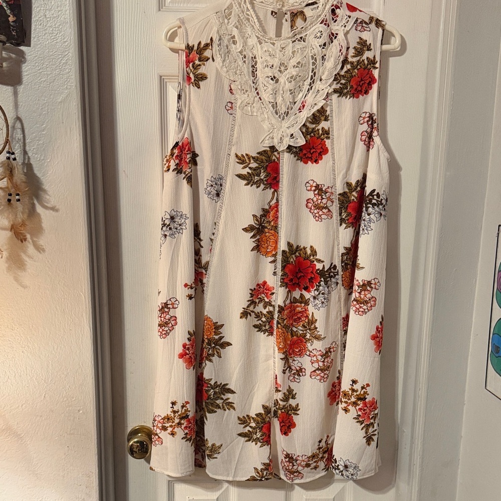 Umgee Cream Floral Lace-Trim Sleeveless Tunic Dress